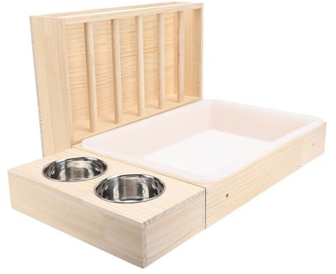 Focket Kaninchen-Heu-Futterstation mit Katzentoilette, 3-in-1-Edelstahlnäpfe, Schmutzabweisend, Hasen-Futterkrippe aus Holz, Größeres Fassungsvermögen, Praktische Toilette und