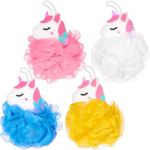 BRUBAKER Set de 4 Licorne Éponges de Bain et de Douche 25 g - Pelote de Bain pour Enfants et Adultes - Douce, Hygiénique & Durable - Éponge de Lavage Rose et Multicolore incl. Boîte Cadeau
