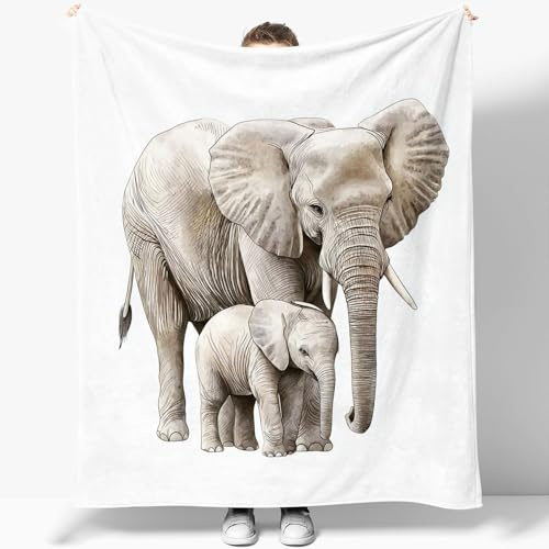 Elefanten Kuscheldecke Weiß Grau 180×200 cm, Mutter und Baby Elefant Aquarell Motiv, Extra Weiche Flanell Wohndecke Warm Flauschige Tier Design Decke für Sofa Bett Wohnzimmer