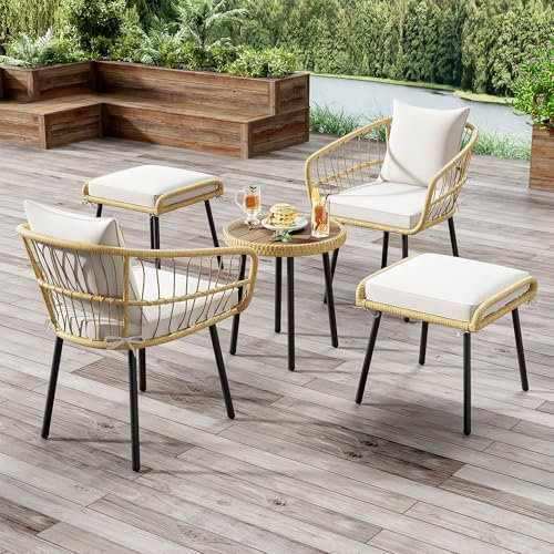 5-teiliges Garten-Lounge-Set, Rattan Gartenmöbel Set bestehend aus 1 Esstisch, 2 Stühlen, 2 Hockern, Outdoor Möbeln für Veranden, Innenhöfe, Terrassen, Balkone, Poolränder, Sitzgruppe Garten, Natur