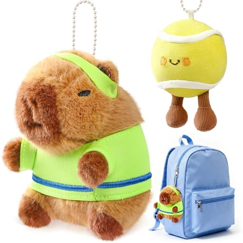 2 Mini Juguetes de Peluche Llaveros Capybara con Ropa Mini Peluches Pelota de Tenis para Mochila Botella, Capibara Cumpleaños Regalos para Relleno Piñatas Regalo Niños Infantil Entusiastas del Deporte