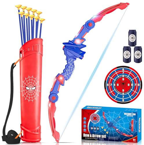 Spider Giocattolo Bambino 3-12 Anni, Arco e Frecce Set con Luci LED Rosse e Blu, Faretre, Bersaglio, Gioco bambini 3 4 5 6 7 8 9 10 Anni, Regalo Compleanno Natale Esterno Giochi per Bambino Maschio