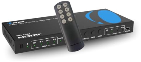 OREI 8K 4-Port HDMI Audio Extractor Switch 4x1 with eARC/ARC Support – 48Gbps HDMI 2.1, 4K@120Hz, Dolby Vision, Dolby Atmos, CEC, HDR10+, eARC to HDMI Output for AV Receiver, Remote Control – BK-4927