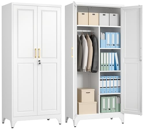 Polup Metal Armoire Wardrobe Closet with Doors, 71 Tall Wardrobe Cabinet with Lock, Hanging Rod and 3 Adjustable Shelves, Steel Clothing Storage Cabinet for Bedroom, Home Office, Employee, Gym, White