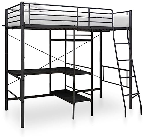 Pyvara Våningssäng, metallsäng, svart 90 x 200 cm med bordsram, barnsäng, robust sängram, enkelsäng med skyddsräcke och stege för ungdomsrum, sovrum