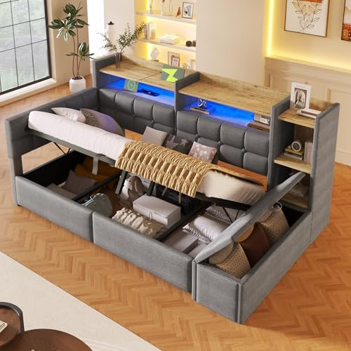 @Moflan Lin Cama de día, sofá cama, 90 × 200 cm, con almacenamiento hidráulico, conectores USB y tipo C, compartimento de almacenamiento, banco de almacenamiento en los pies, sin colchón, terciopelo