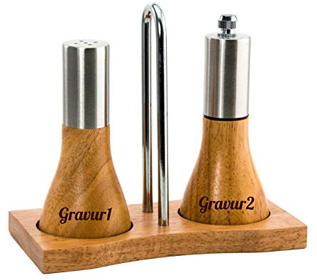 SNEG Tischmenage mit Gravur | Set aus Pfeffermühle & Salzstreuer aus Gummibaumholz mit Metall-Tragebügel + persönliche Wunschgravur