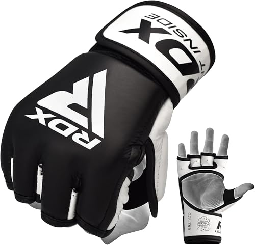 RDX MMA Gloves for Martial Arts Grappling Sparring Training, Cowhide Leather Open Palm, Long Wrist Strap Padded Mitts for Muay Thai, Punching Bag, Speedball Workout Kickboxing Cage Fighting