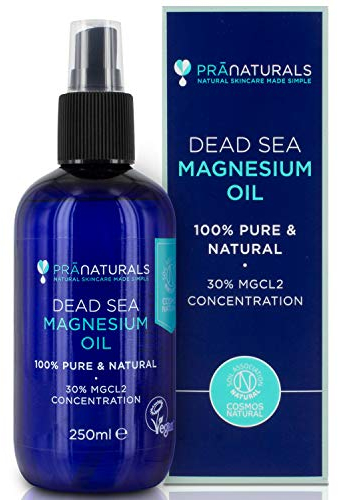 PraNaturals Mar morto Spray per olio di magnesio 250ml, Certificato Cosmos Natural, Vegan and Soil Association