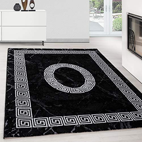Teppium Moderner Kurzflor Teppich Wohnzimmer 200x300 (200 x 290 cm) Schwarz - Flauschiger Teppich Waschbar, Mäander-Design, Pflegeleicht, Weich - Ideal für Schlafzimmer, Esszimer und als Küchenteppich