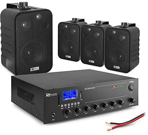 Background Music PA System with 4x Power Dynamics 4 Wall Speakers & 50W Bluetooth Mixer Amplifier - 100V Audio Installation for Cafés Bars Shops Restaurants (Black)