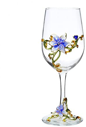 XUDREZ Handmade Painted Enamel Flower Gin Balloon Glass Wine Glass Birthday Gifts for Women Mum Friends Mothers Day, Lead-Free (Blue Lily)