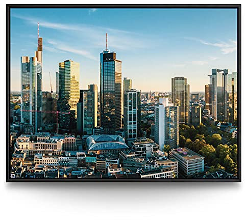 BilderKing Wandbild Frankfurt Am Main Skyline - 200cm x 150cm Leinwand auf 2cm Keilrahmen mit Schattenfugenrahmen schwarz