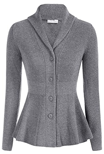 Belle Poque Maglione da donna a maniche lunghe con colletto rovesciato e scollo a V, cardigan con orlo arricciato, cardigan casual, grigio., S