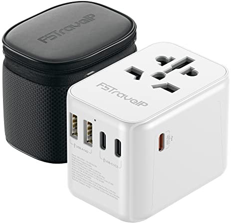 Worldwide Travel Adapter with USB C PD 35W Fast Charge, FSTravelP Universal Plug Adaptor with 5 Port (2 USB A 3 Type C) Dual 10A Fused International Power Adapter for UK EU US AU 150+ Countries