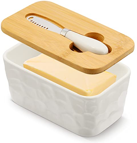 Porcelain Butter Dish, European Size Ceramic Butter Container with Wooden Lid, Double Silicone Seals Design Butter Box for Butter, Nuts, Cheese, 650ml