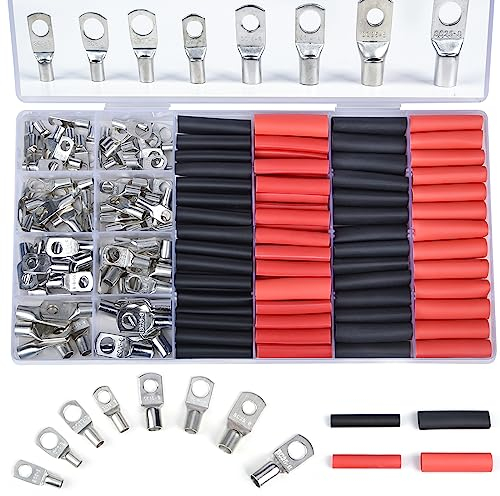Preciva 160pcs Tinned Copper Ring Terminals Kit with Waterproof Heat Shrink Tubing,Battery Cable Lugs Ring Terminals Connectors for AWG10 8 6 4 80pcs,for Cars, Motorcycle, RV