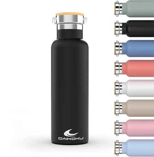Daikoku Bottle, Doppelwandige Edelstahl-Thermoskanne, Thermoskanne, die das Getränk stundenlang heiß oder kalt hält, zwei Verschlüsse, schwarz, 1 L
