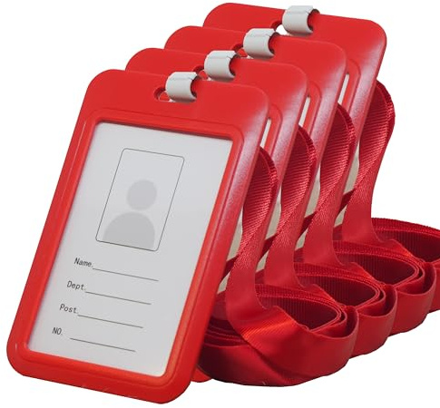 BAWAKO 4er Ausweishüllen, ID Kartenhalter mit Umhängeband, Ausweishalter aus robustem Kunststoff, ID Badge Holder Hartplastik (Rot)