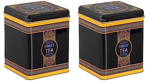 tea4chill 2 Stk Teedosen für losen Tee 100g, Gewürzdosen Finest Tea, Metall, eckig mit Scharnierdeckel, vintage Design, 75 x 75 x 95mm (LxBxH)