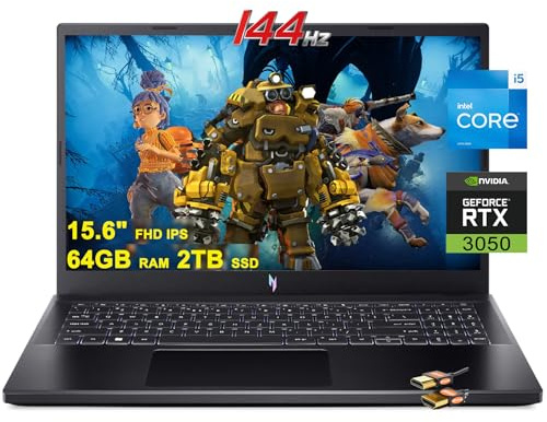 ACER Nitro 5 Gaming Laptop 15.6'' FHD IPS 144Hz Display 12th Gen Intel 12-Core i5-12500H (Beat i7-11800H) 64GB RAM 2TB SSD GeForce RTX 3050 4GB USB-C Win11 + HDMI Cable, Black