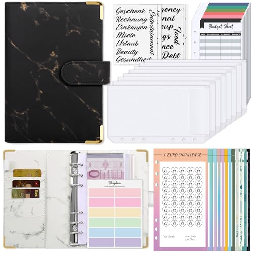 SKYDUE Budget Planner Deutsch,Spar Challenge Für Budget Planer,A6 Budget Für Beginner Mit Geld Organizer, Haushaltsbuch Mit Geldfächer, Bugetplaner Deutsch Startset(Marmorschwarz)