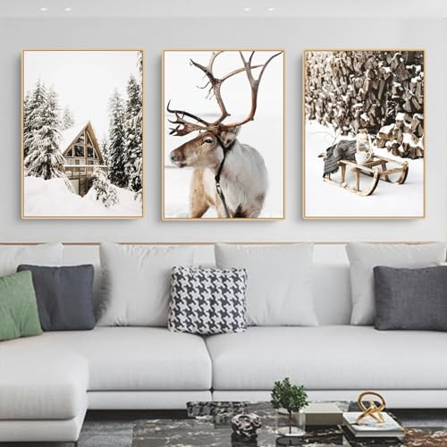 CULASIGN Premium 3er Poster Set, Winter Schneelandschaft Bilder, Wandbilder ohne Rahmen, Wanddeko für Wohnzimmer Schlafzimmer, Modern Bilder Hirsch Holzhaus Wald Wolf Schlitten (DEF,40x50cm)