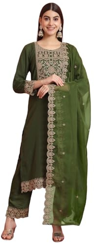 VredeVogel Women's Silk Blend Embroidered Kurta with Pant & Silk Chiffon Dupatta Set (Green_Large)