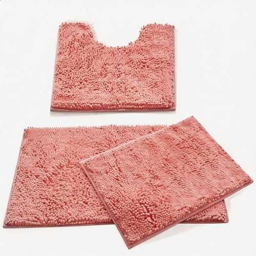 MEGAROOM Chenille Badezimmerteppich Set 3 Teilig, Ultra-weich Badematte & U Förmige wc Vorleger, Antirutsch Badezimmer Set Waschbar für Badezimmer, WC, Wohnzimmer, Schlafzimmer, Rosa