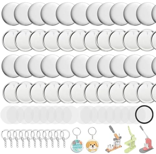 Buttonmaschine Schlüsselanhänger Supplies, 50 Stück 58mm/2.25 inch Pin Making Kit für Button Maker Machine, Metall Button Badge Sets mit Metall Shell Back Cover, Transparent Film und Chain Head