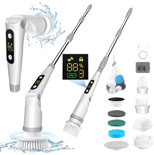 Spazzola Elettrica per Pulizia, Lavapavimenti Rotante con 8 Testine Intercambiabili, 3 Velocità, Impugnatura Regolabile, Impermeabile IPX7, Schermo LED, Adatta per Bagno, Piastrelle, Pavimenti,Cucina