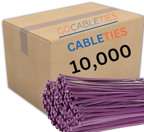 Gocableties Purple Cable Ties, 200mm x 2.5mm, Bulk Pack of 10,000, 8” Premium Nylon Zip Ties, Multi-Purpose Plastic Tie Wraps, Secure Self-Locking Mechanism, for Home, Garden, Office and DIY