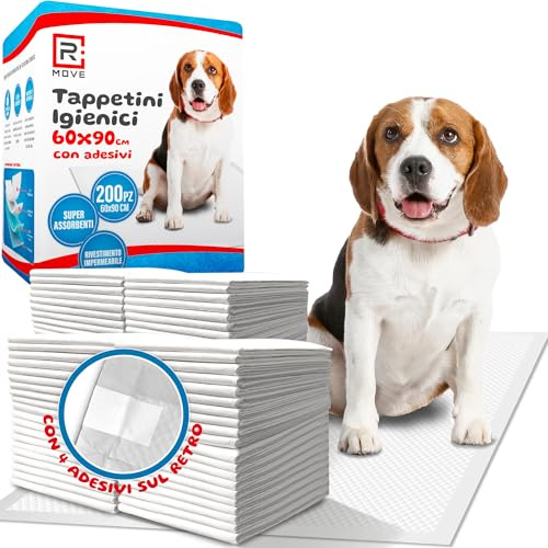 R MOVE 200 Traversine Cani 60x90 con Adesivi - Tappetini Igienici Assorbenti per Cani, Traverse Cane EXTRA Assorbenti, Telini Pipi, Tappetino Igienico con rivestimento antiodore Traversina Assorbente