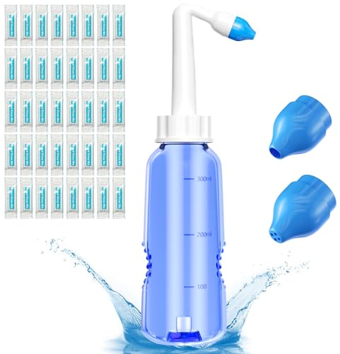 Rseuphiee Lavaggi Nasali, 300ML igazione Nasale con 40 Pacchetto di Sale, kit di risciacquo sinusale, lavaggio nasale, Nose Bottle Cleaner Irrigazione a Pressione, per Adulti & Bambini BPA Free.