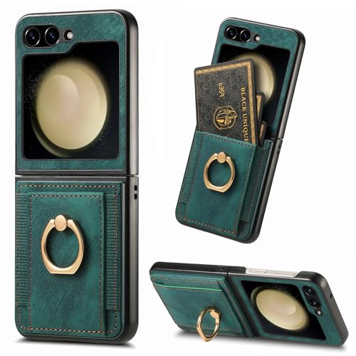 for Samsung Galaxy Z Flip 6/Z Flip 7 FE Wallet Case with Card Holder Green | Credit Slots Built-in Rotate Ring Stand PU Leather Protective Kickstand Shockproof Cover for Women Men Girls
