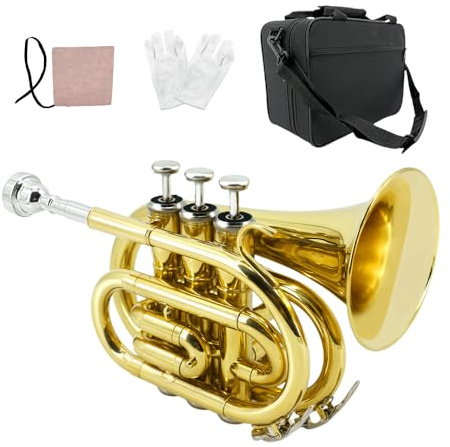 ModouString Bb Pocket Trumpet with Case,Mouthpiece, Cleaning Cloth Brass Musical Instruments for Students and Beginners (gold)