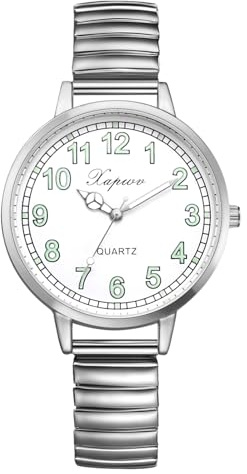 Silverora Damenuhren Elastische Großes Zifferblatt:Klar Leicht Ablesbare Analoge Quarz Uhren Damen Lechtende Armbanduhren mit Edelstahl Stretchband Geschenke für Frauen Ältere Silber