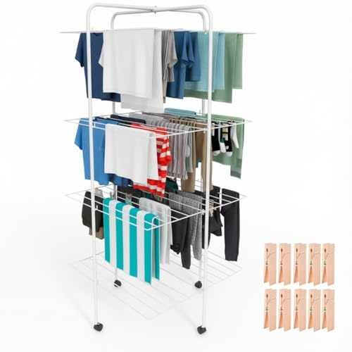 HERSIG - Tendedero Vertical - Tendedero Vertical Plegable - Tendederos de 4 Alturas con Ruedas - Tendederos para Interior y Exterior de Gran Capacidad para Ropa Hierro - 62x62x168cm