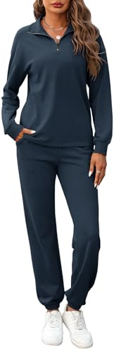 REORIA Women Cotton Half Zip Tracksuit Set Henley Neck Lounge Wear Sets Long Sleeve Two Piece Outfit Solid Color Co Ord Sets Navy Blue XL