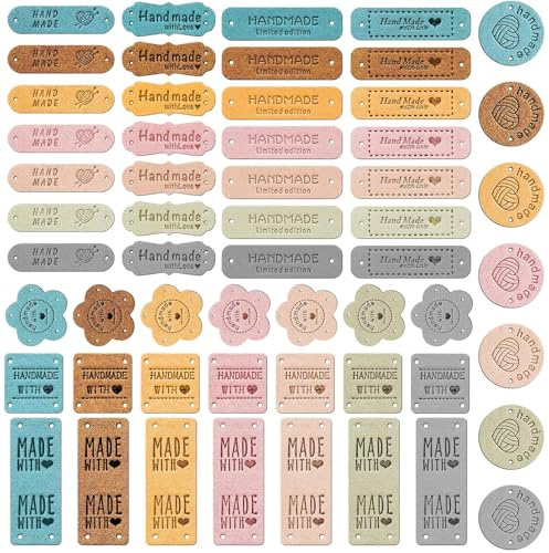 TINA.WIN 56 StüCk Handmade Labels zum AnnäHen Personalisiert Label Handmade für Kleidung Pu Handgefertigte Leder Label Stricken ZubehöR HäKelkleidung Stricken Diy Jeans Taschen HüTe HäKeln (8 Stiles)