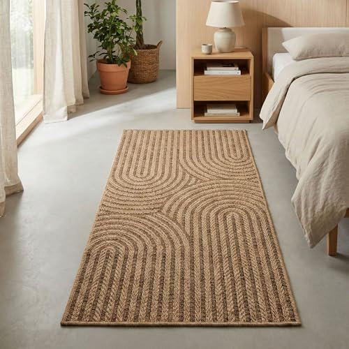 Carpetsale24 Outdoor Teppich Läufer 80x150 cm Beige Wetterfest Pflegeleicht im natürlichen Jute-Look für Flur Eingang Wohnzimmer Küche Terrasse Balkon Garten