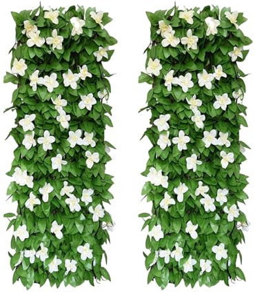 2PCS Expanding Garden Trellis Panels, 200x40cm Expandable Garden Fence Screening with Artificial Ivy and Violet Flower,Decorative Faux Ivy Leaf Privacy Screen Greenery Backdrop for Backyard (White)