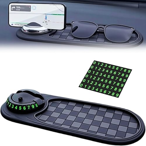 Car Anti Slip Mat Phone Holder, Dashboard Accessories, Multifunction 360° Rotationt Mobile Phone Holder, Car Gadgets with Temporary Parking Numbe Display