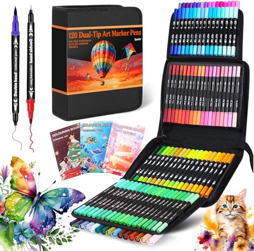 Spardar 120 Rotuladores, Rotuladores Gruesos y Finos, Doble Punta con Bolsa Negra y 3 Libros para Colorear, para Niños y Adultos, para Caligrafía, Manga, Libros para Colorear y Escribir a Mano