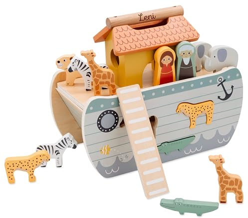 wunderwunsch smallfoot Arche Noah personalisiert Taufgeschenk, Geschenk Taufe Jungen und Mädchen, Motorikspielzeug, Baptism Gift für Kinder als Lernspielzeug (mit Name auf Griff)