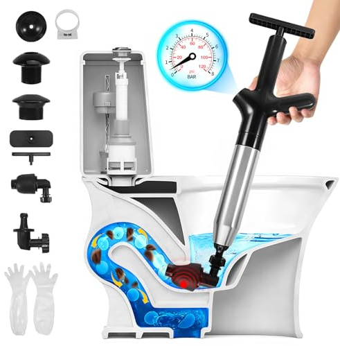 YUWJOOWEE Toilet Unblocker Heavy Duty,Sink Plungers with Pressure Gauge | Toilet plunger with multiple dredging tips & 10 pairs gloves, fits floor drains, sinks and toilets
