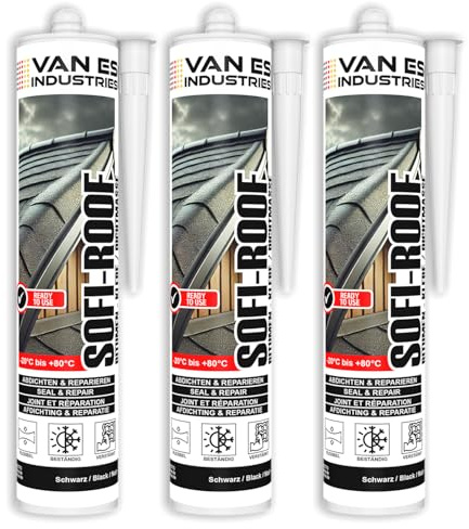VE-INDUSTRIES 3xSOFI-ROOF Bitumen Dichtmasse – Dachabdichtung – Kaltverarbeitbarer Bitumenkleber – UV- & wetterbeständig – 300 ml Kartusche – schwarz – Faserverstärkt