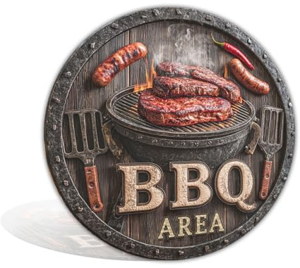 BBQ Area Metal Sign Grilled Steaks and Tools Design Tin Sign for Bar Cafe Beach House Backyard Retro Vintage BBQ Decorations 8x8 Inch Round Aluminum Wall Art Decor (25164)