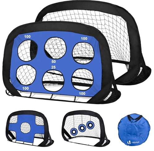 VOUNOT® Set di 2 Porte da Calcio Pop Up per Bambini 120×80×80 cm, 4 in 1 Porta da Calcio con Bersagli Intercambiabili, Rete Pieghevole Portatile per Allenamento in Giardino, Parco e Prato, Blu