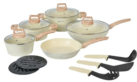 Herzberg Batterie de Cuisine 14 Pièces Revêtement Granit HGWDBEJ14, Beige | aluminium forgé, poignées bois, couvercles verre, ustensiles inclus, compatible induction, tous feux
